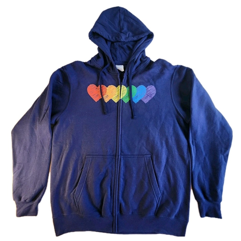 Rainbow Heart Zip-Up Hoodie Unisex Large‎ Navy Blue Sweatshirt  LGBTQ+ Pride